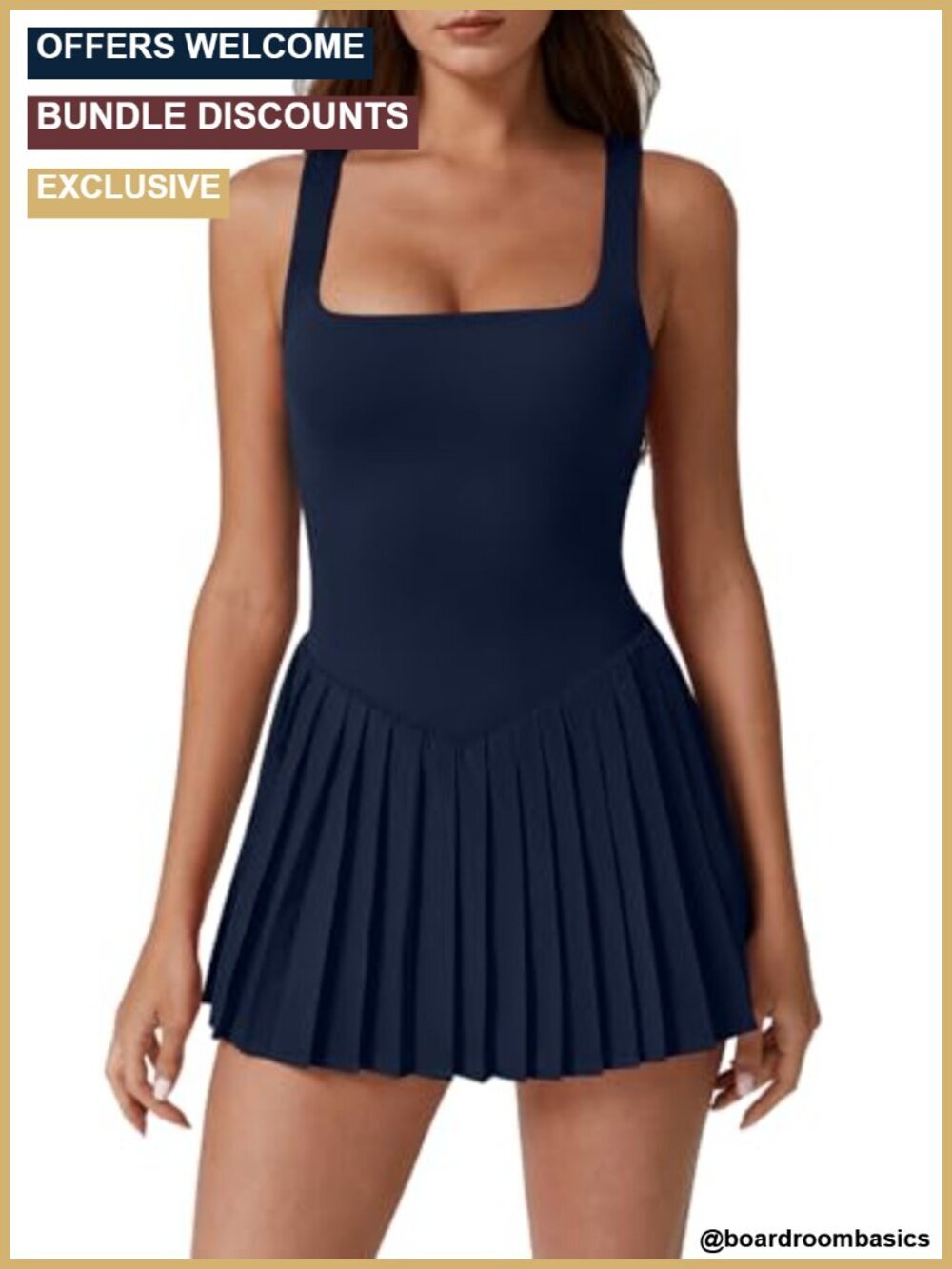 Square Neck Tennis Dress with Built-in Shorts Pleated Athletic Golf Dress